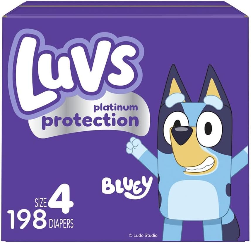 Luvs Size 4 Baby Diapers, Platinum Protection Bluey Diapers for Day & Night, Size 4, 198 Count