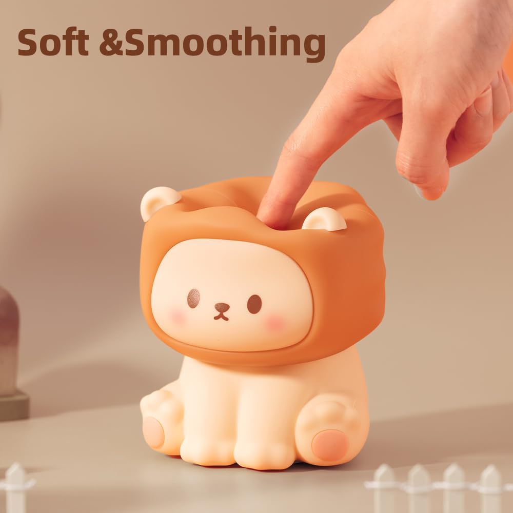Cute Lion Night Light for Kids, Rechargeable Nursery Lamp with Timer, 3 Brightness Levels & Warm