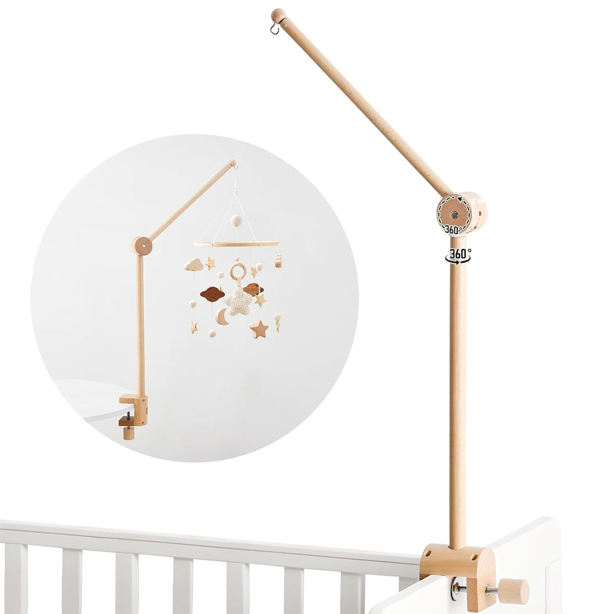 Baby Crib Mobile Arm - Wooden Mobile Arm with Height Adjustable＆360° Rotatable Upgraded Arched Base