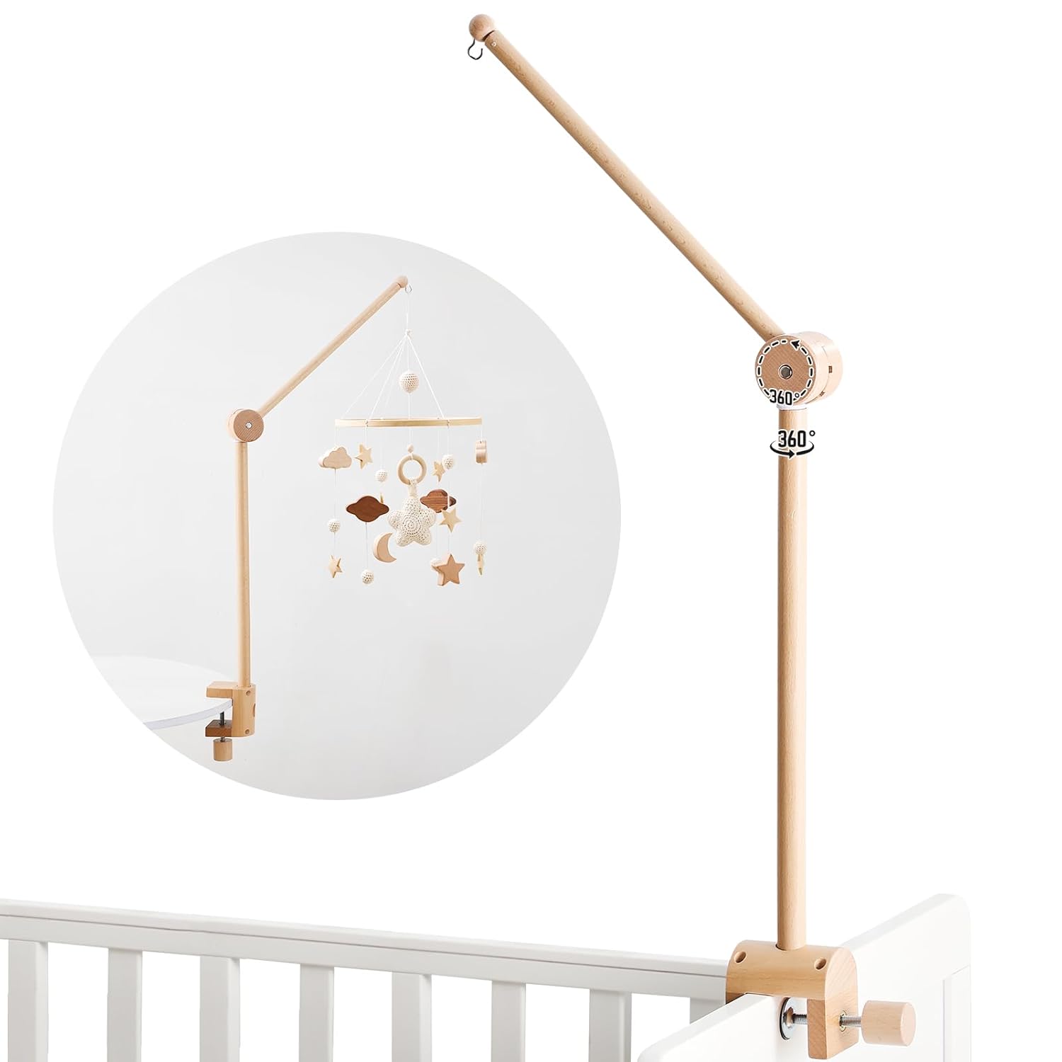 Baby Crib Mobile Arm - Wooden Mobile Arm with Height Adjustable＆360° Rotatable Upgraded Arched Base