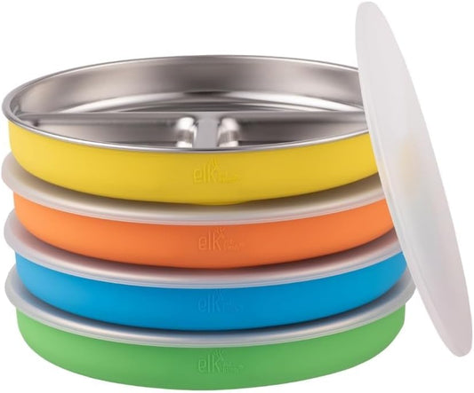 Elk and Friends Stainless Steel Divided Plates with Normal Sleeve for Babies & Toddlers | Lids