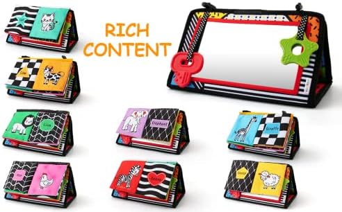 3-in-1 Tummy Time Mirror with Soft Crinkle 3D Activity Book, Teethers, Rattle - High Contrast Black