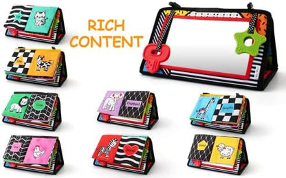 3-in-1 Tummy Time Mirror with Soft Crinkle 3D Activity Book, Teethers, Rattle - High Contrast Black