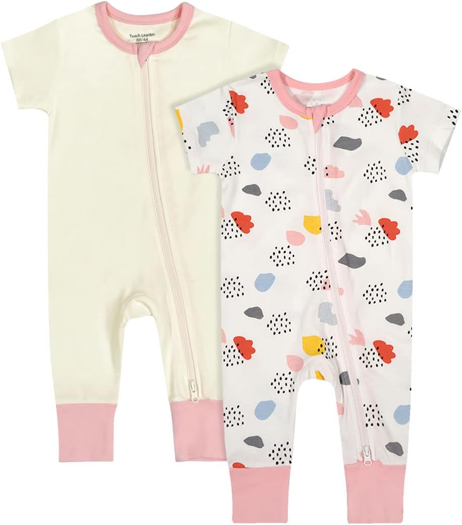 Teach Leanbh Baby Boys Girls 2 Pack 2 Way Zipper Footless Pajamas Cotton Short Sleeve Printing