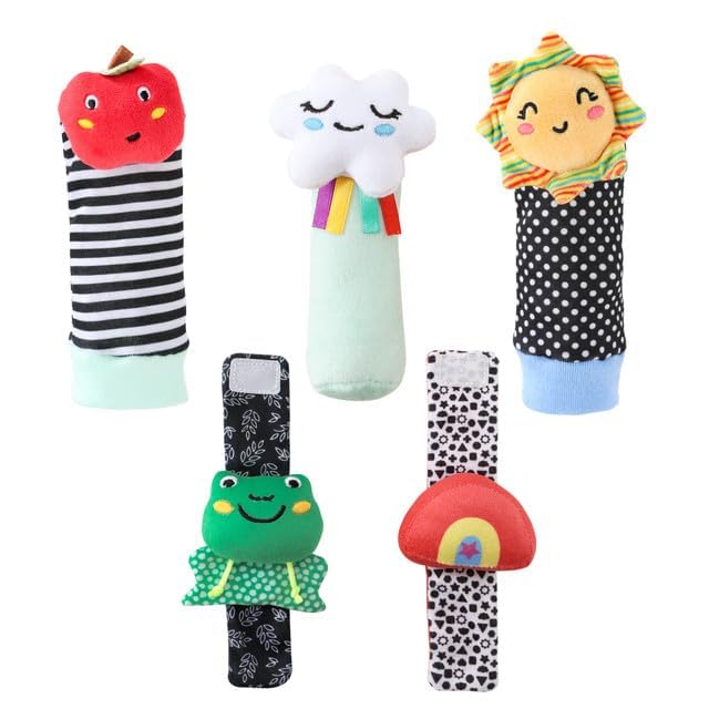 The Peanutshell Sock Rattles Set of 5 - Girl Boy Rattle Socks, Baby Toys 0-6-12 Month, Animal