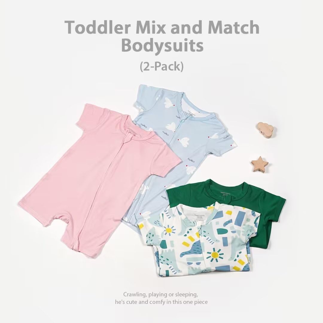 Teach Leanbh Baby Boys Girls 2 Pack Bamboo Viscose Pajamas 2 Way Zipper Short Sleeve Romper