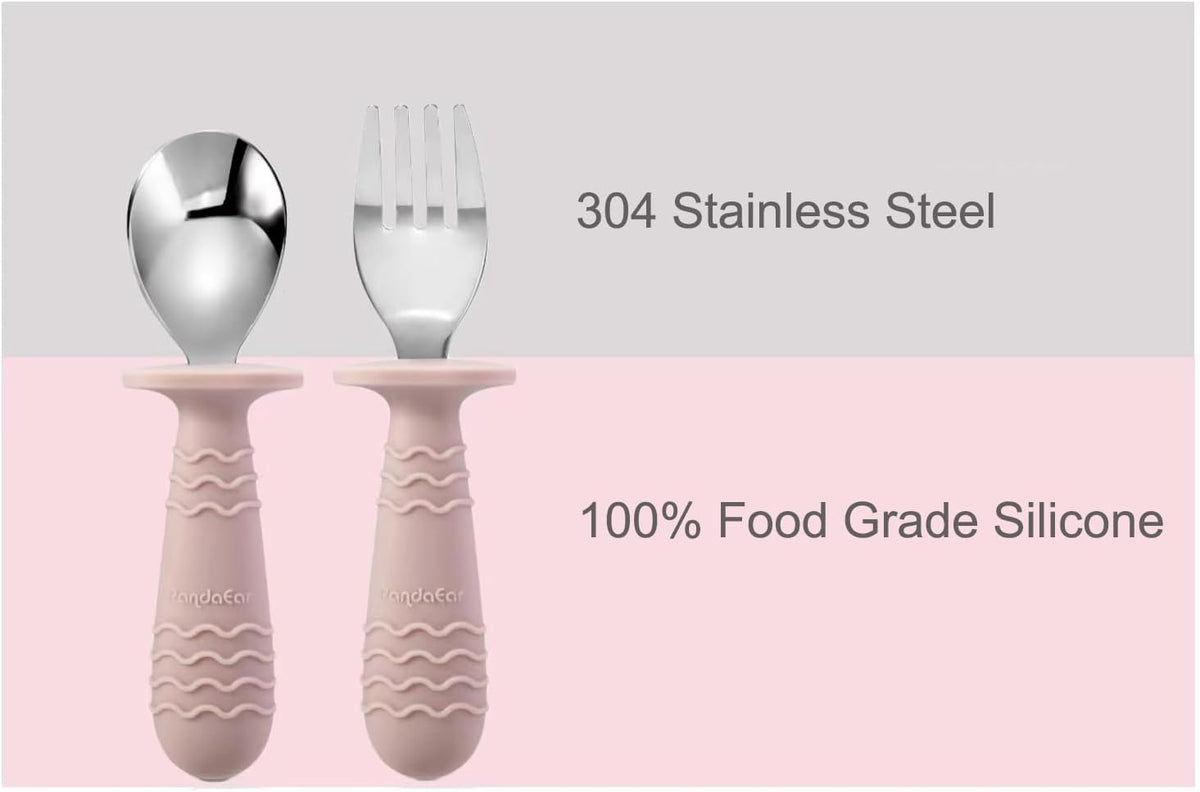 PandaEar 4 Set Baby Toddler Silicone Stainless Steel Utensils Silverware Spoon Fork for Baby