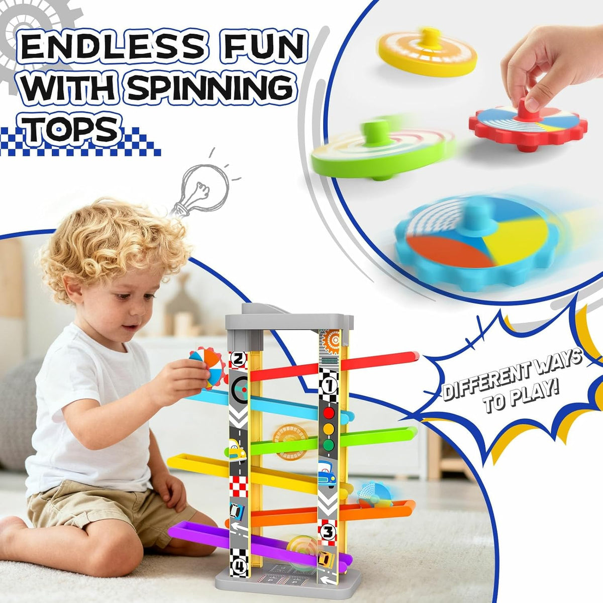 3-in-1 Toddler Car Ramp Toy – Racing, Spinning & Learning Play (Ages 2–4)