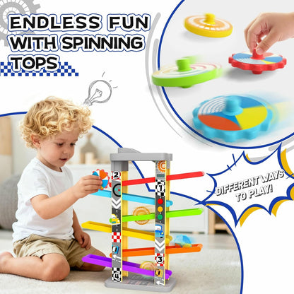 3-in-1 Toddler Car Ramp Toy – Racing, Spinning & Learning Play (Ages 2–4)