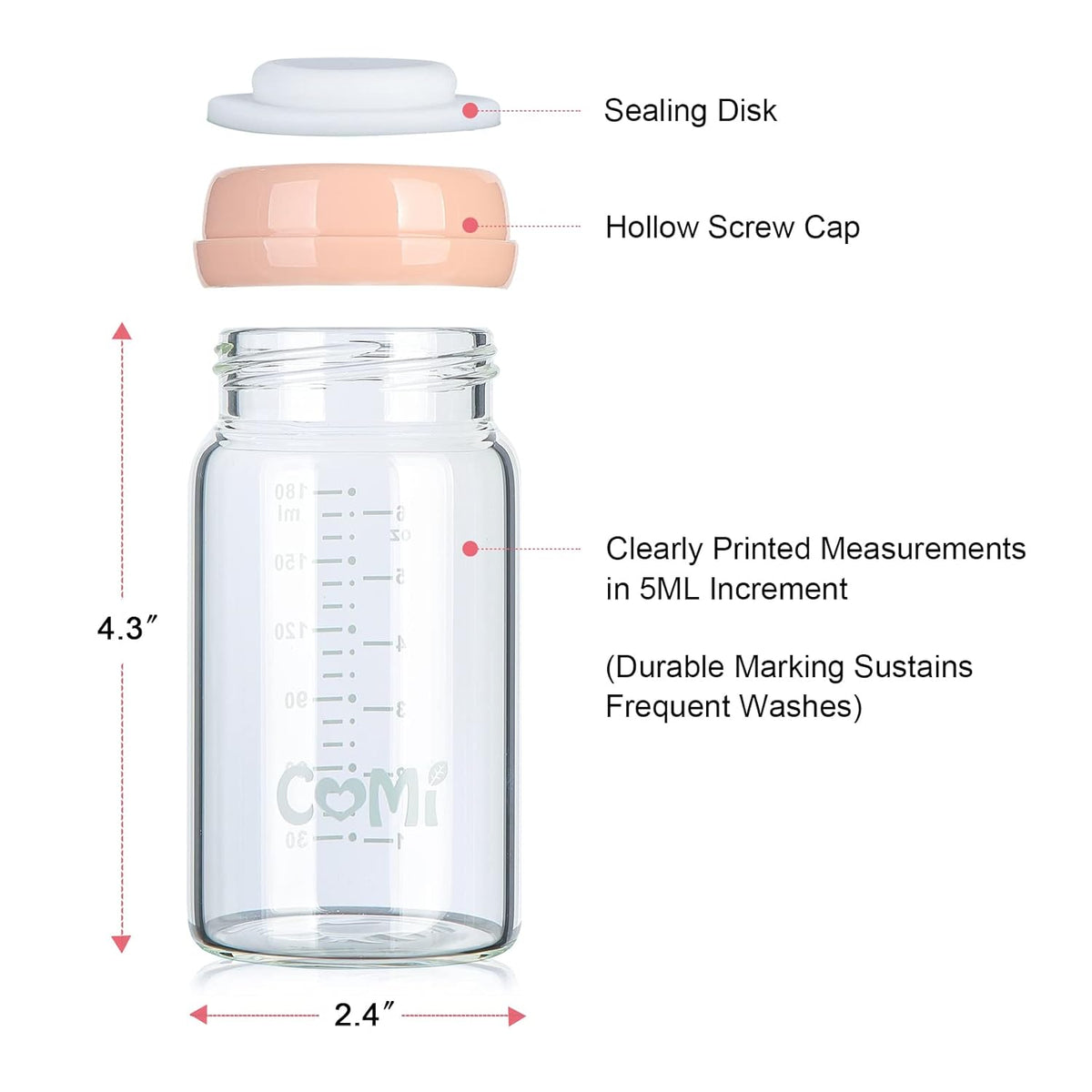 COMI Wide Neck Glass Breastmilk Collection n Storage Bottle, 4 Packs, 6oz with Screw Ring Sealing