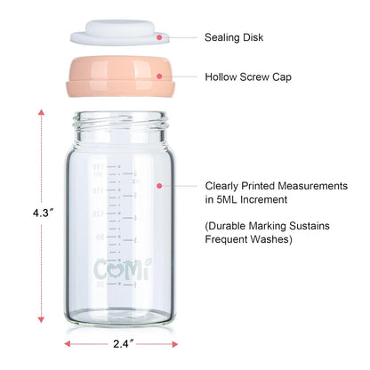 COMI Wide Neck Glass Breastmilk Collection n Storage Bottle, 4 Packs, 6oz with Screw Ring Sealing