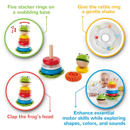 Hape Mr. Frog Stacking Rings | Multicolor Wooden Ring Stacker Play Set, Educational Toy for Children