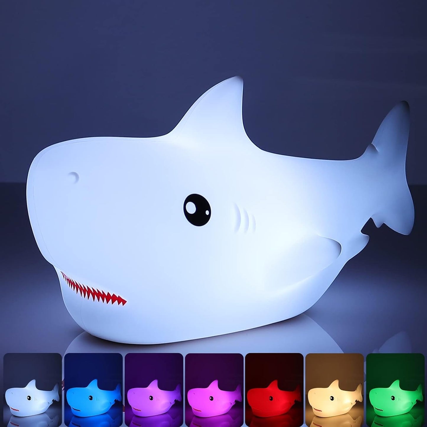 LOVERUIS Shark Night Light for Children, 7 Color Changing LED Portable Touch Baby Lamp, USB