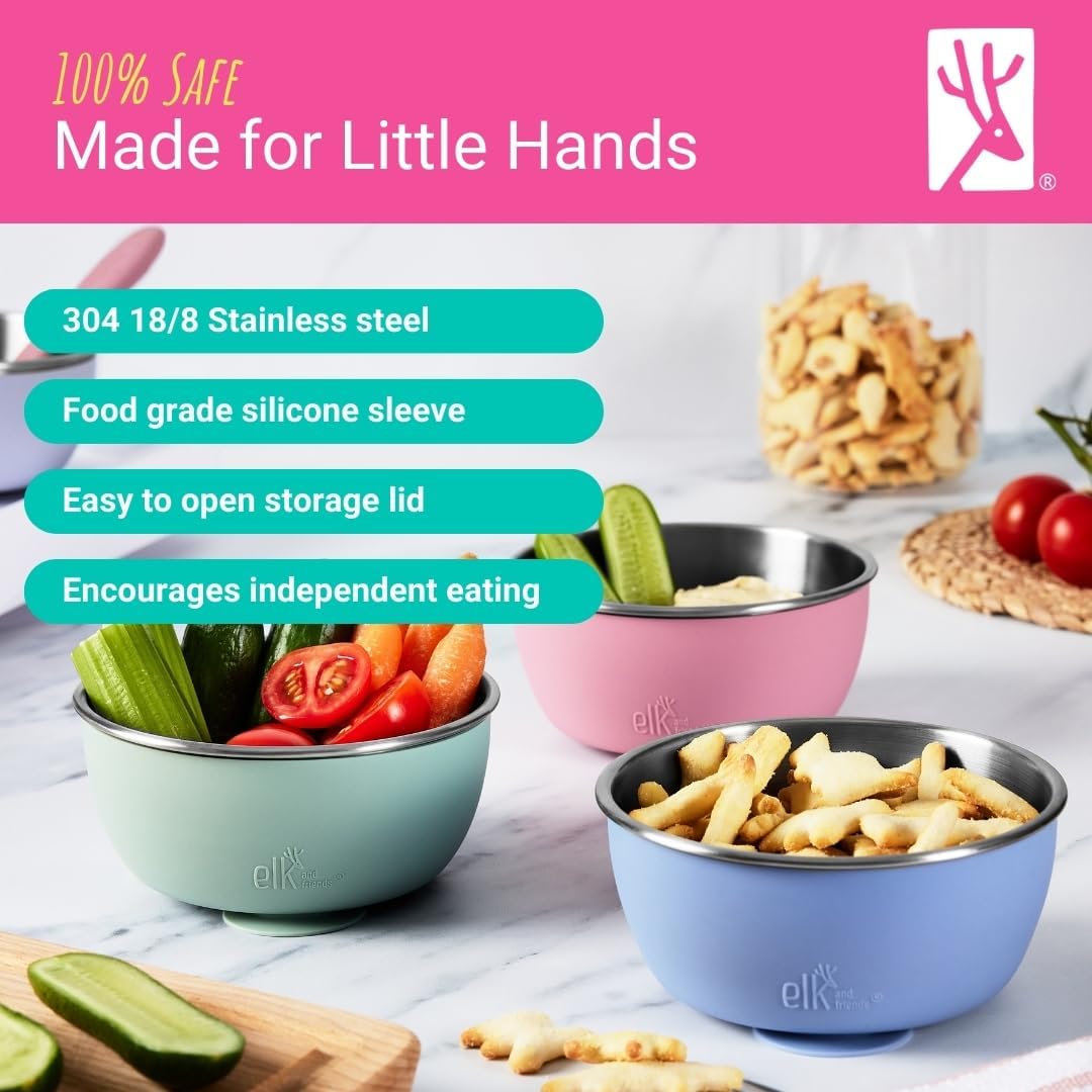 Elk and Friends Stainless Steel Bowls with Silicone Sleeve for Babies & Toddlers | Lids Included |