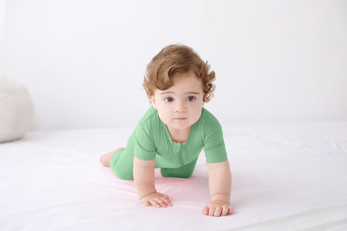 GUISBY Rayon Made from Bamboo Baby Pajamas, Summer Short Sleeve Footless Rompers, 2 Way Zipper