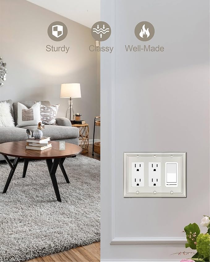 1-Pack Triple Decorator Wall Plate, Metal Electrical Outlet Cover for Receptacles, Dimmer Switches