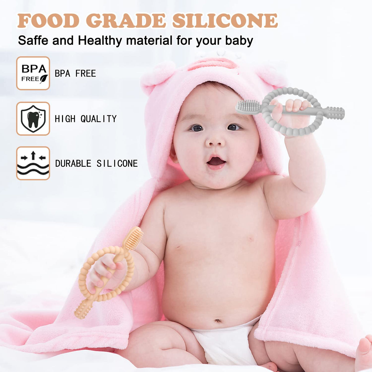 Baby Teething Toys with Easy-Hold Handle, Silicone Infant Toothbrush, Textured On Both Sides Helps