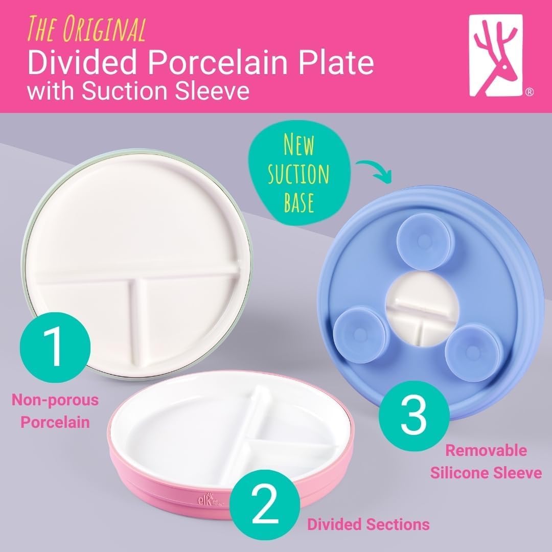 Elk and Friends Kids 7.8” Porcelain Divided Plates with Silicone Suction Sleeves | Suitable for