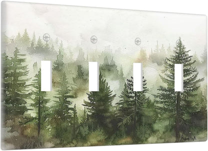 Light Switch Covers Green Forest Watercolor Painting Foggy Pine Quad Toggle Electrical Faceplate 4