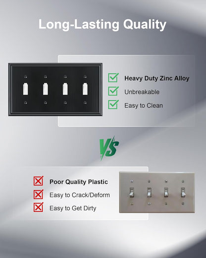2-Pack Quad Toggle Light Switch Cover Plate, Durable Zinc Alloy Decorative Switch Plate Covers