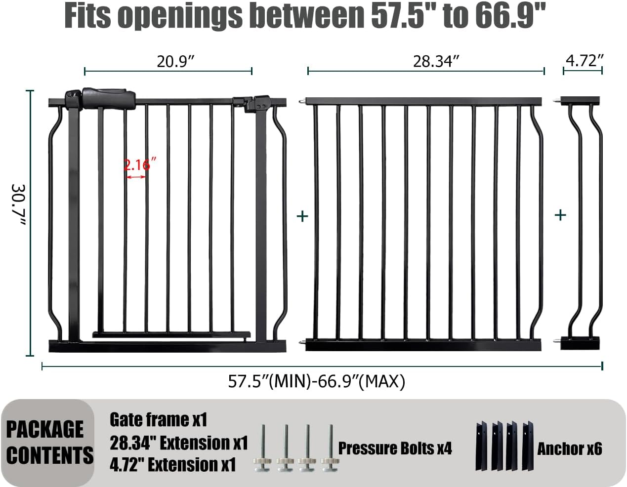 Extra Wide Baby Gate 62-67 Inch, Pressure Mounted Safety Child & Pet Gate - Black Metal - Large
