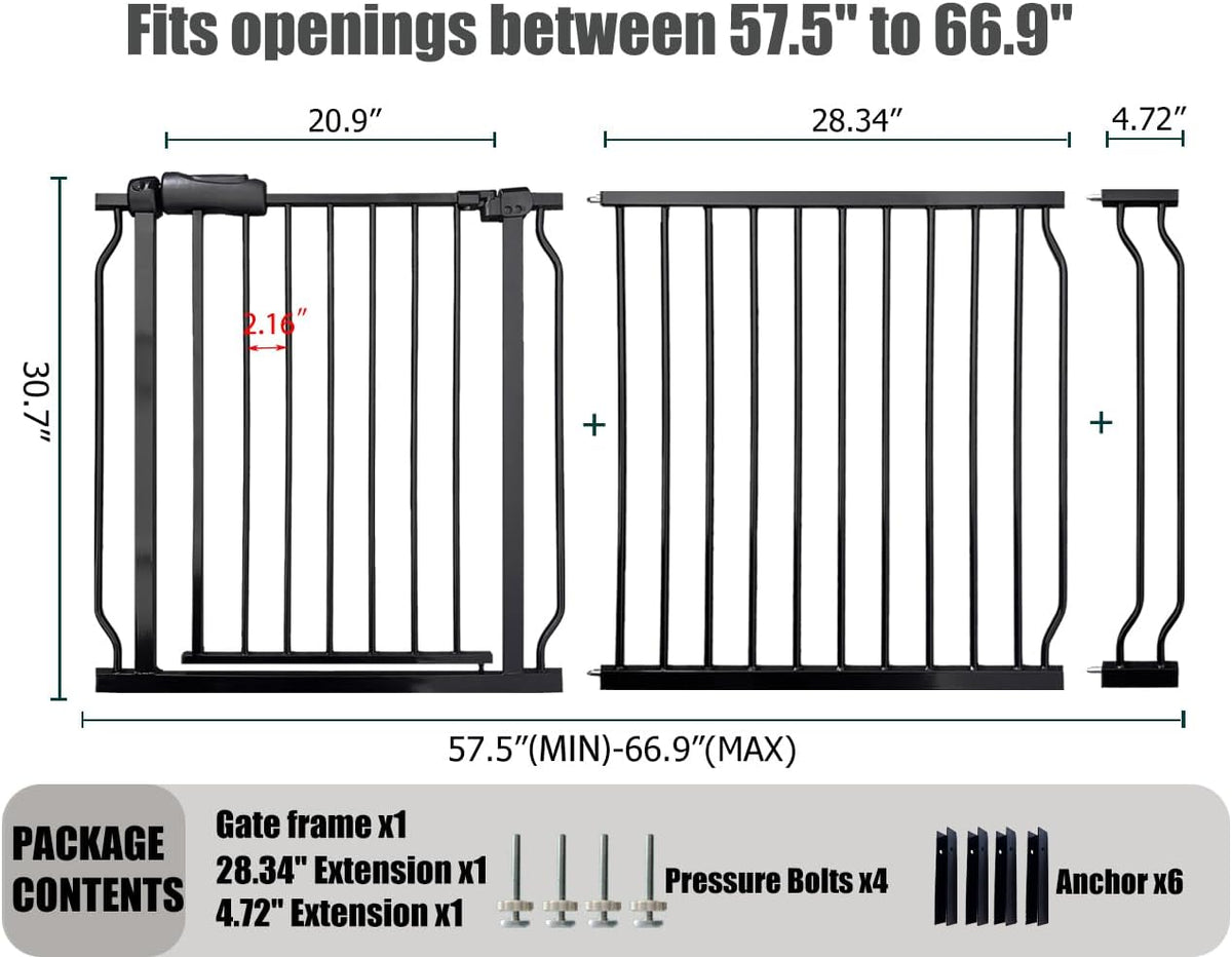 Extra Wide Baby Gate 62-67 Inch, Pressure Mounted Safety Child & Pet Gate - Black Metal - Large