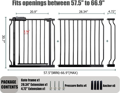 Extra Wide Baby Gate 62-67 Inch, Pressure Mounted Safety Child & Pet Gate - Black Metal - Large