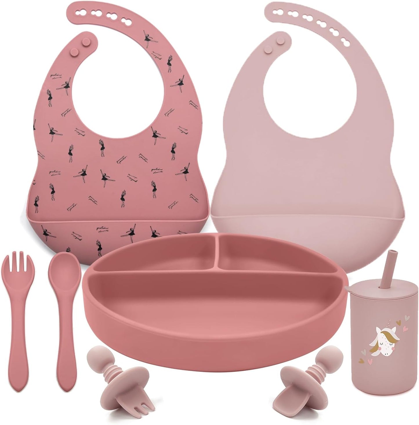Silicone Baby Feeding Set, Baby Led Weaning Supplies, Baby Spoons Suction Divided Plate Bib Cup