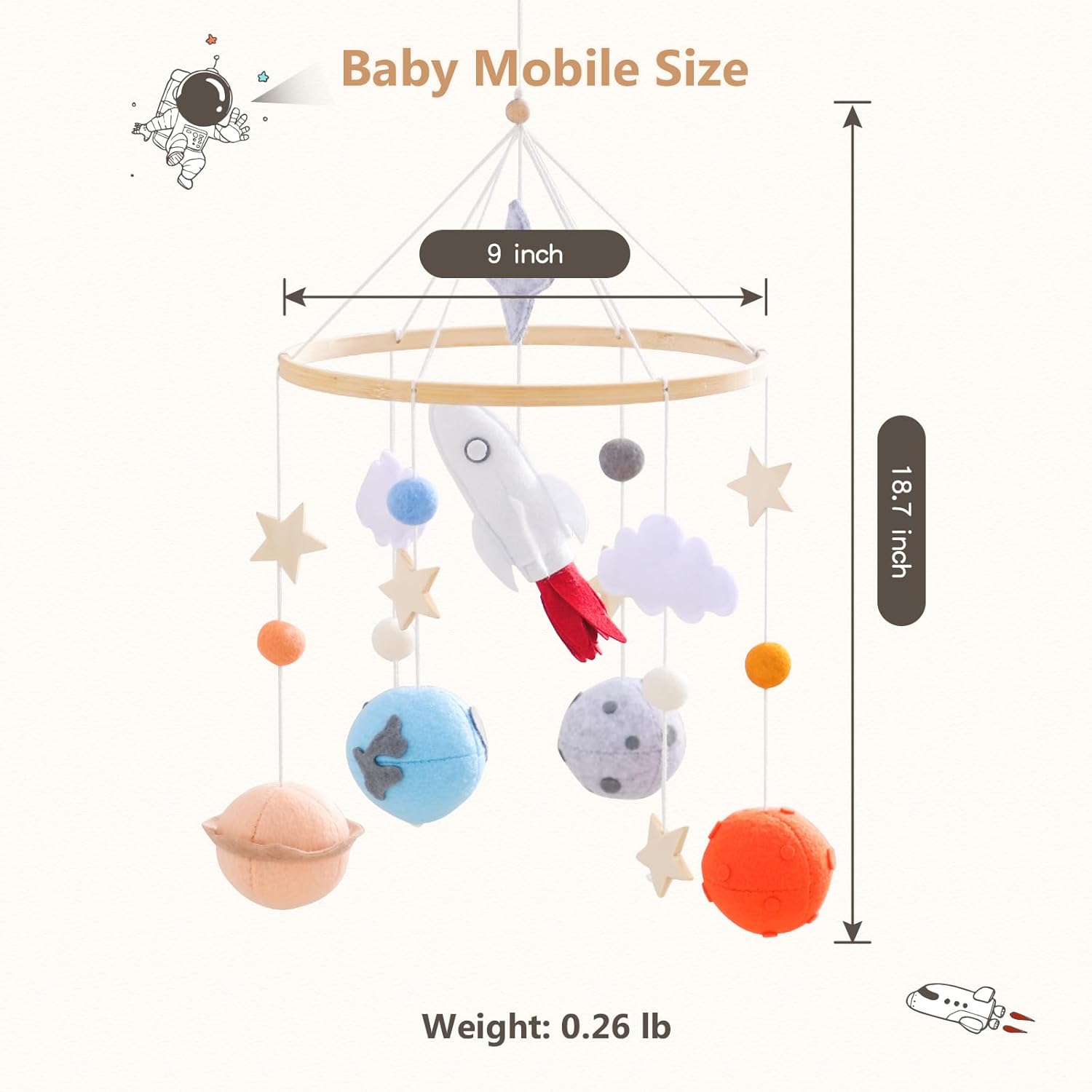 Baby Crib Mobile for Boys Girls | Felt Space Nursery Mobile Wooden Mobile for Crib | Astronaut