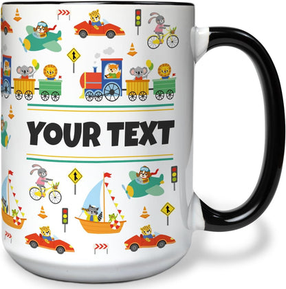 Personalized Mug for Kids - Vehicles - Custom Name/Text, Ceramic Hot Chocolate/Cocoa/Coffee Cup for