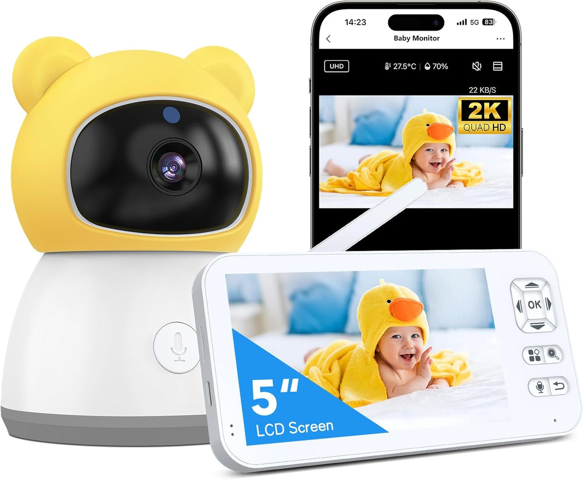 Baby Monitor with Camera and Audio, 2K HD Smart Video Baby Camera WiFi 5" Screen, Night Vision