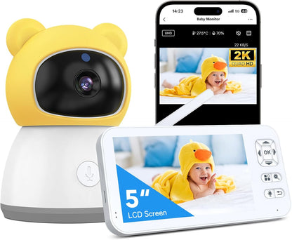 Baby Monitor with Camera and Audio, 2K HD Smart Video Baby Camera WiFi 5" Screen, Night Vision