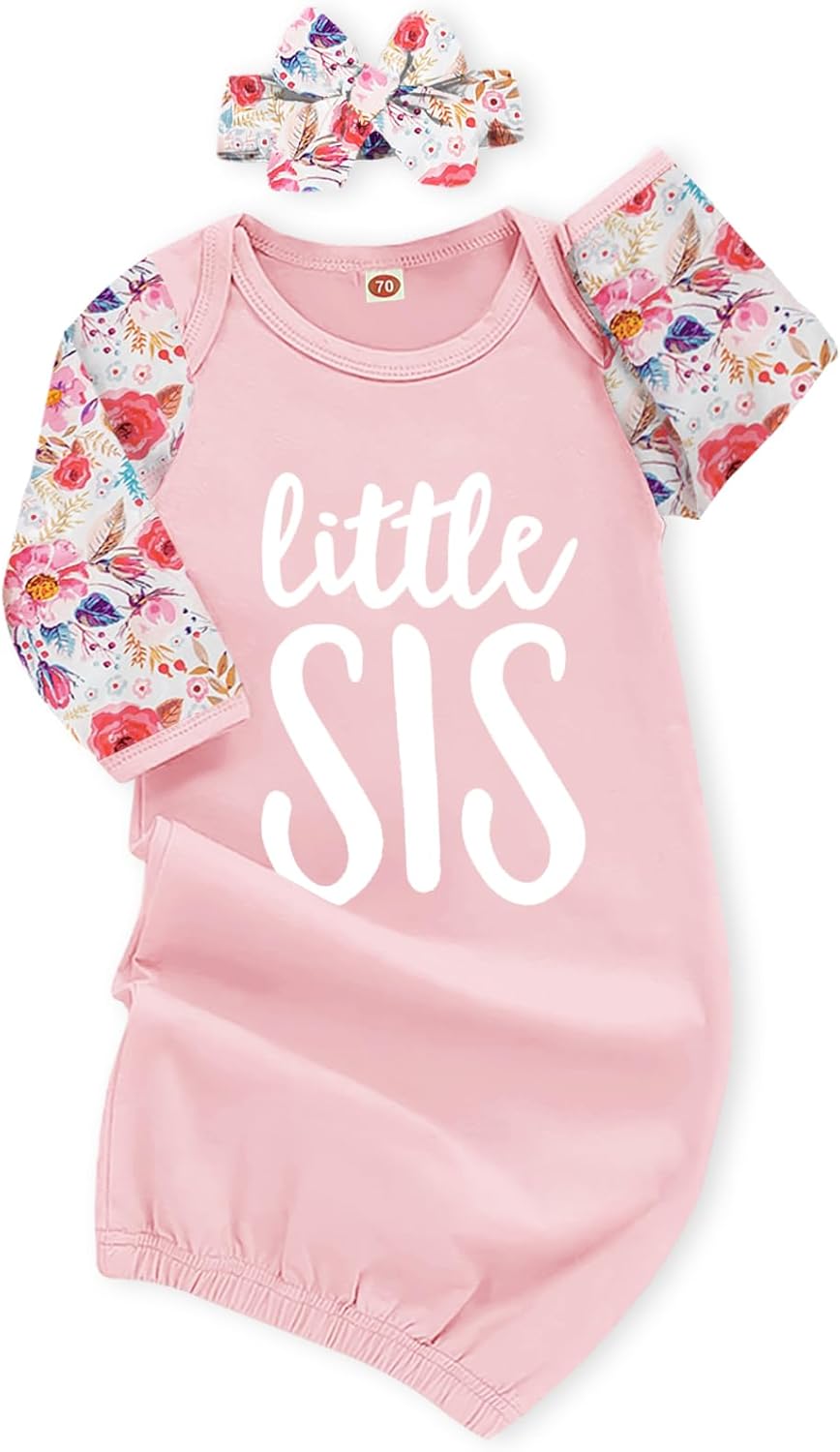 AMAWMW Newborn Baby Girl Little Sister Sleeper Gown Stripe Long Sleeve Nightgown Pajamas Gifts