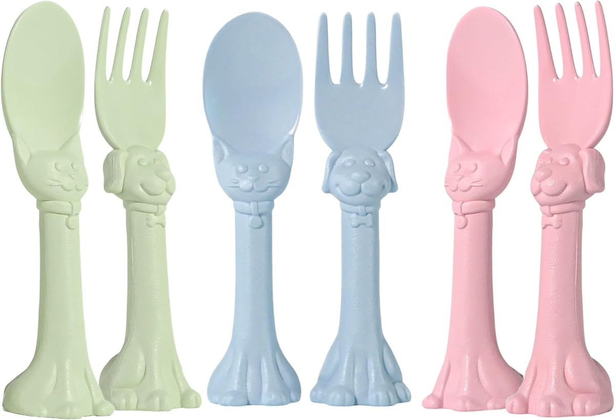 Made in USA Spoon la la Toddler Utensils Set - 6 Pack (3 Spoons & 3 Forks for Kids) - Self-Standing