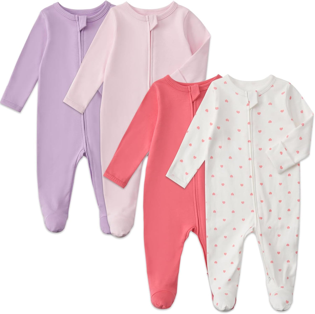Aablexema Baby Footed Pajamas with Mitten Cuffs Zipper 4-Pack Infant Newborn Cotton Long Sleeve