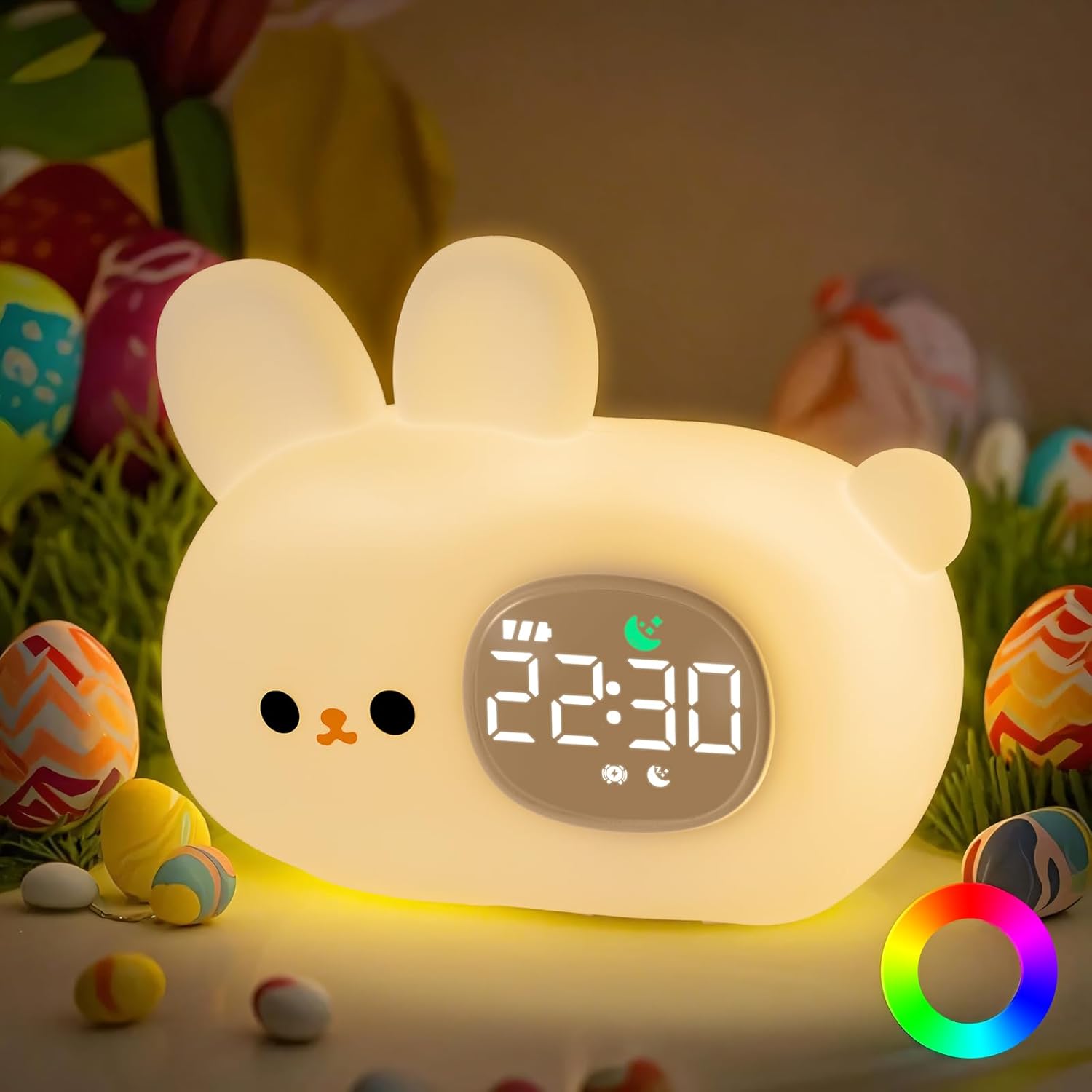 Bunny Alarm Clock with Night Light for Kids with Sleep Training and Sound Machine, Rechargeable