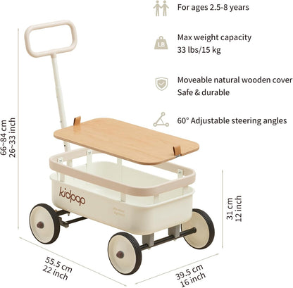kidpop PULA-Wild 3-in-1 Kids' Pull-Along Wagon Toddlers Push Walker for 2.5-8, Removable Wooden