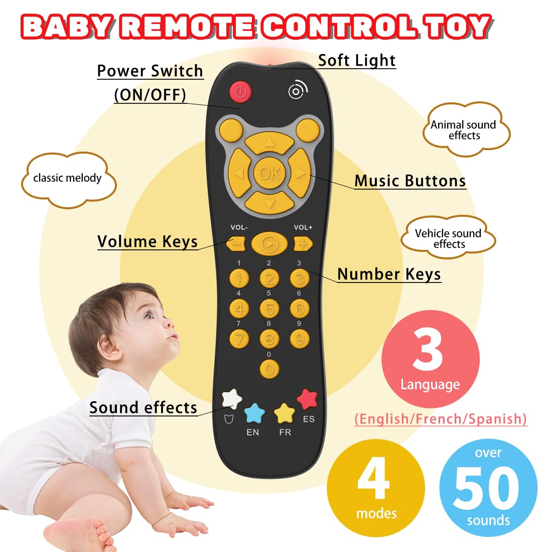 Baby Phone TV Remote Toy Set with Music Light for 6+ Months, Orange