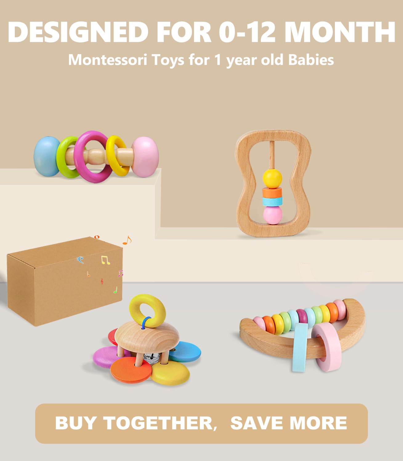 4 PCS Wooden Baby Rattle, Organic Colorful Baby Rattles Set, Wood Rattles for Babies 0-6-12 Months