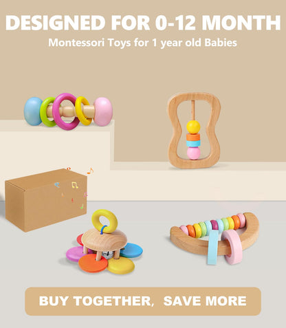 4 PCS Wooden Baby Rattle, Organic Colorful Baby Rattles Set, Wood Rattles for Babies 0-6-12 Months