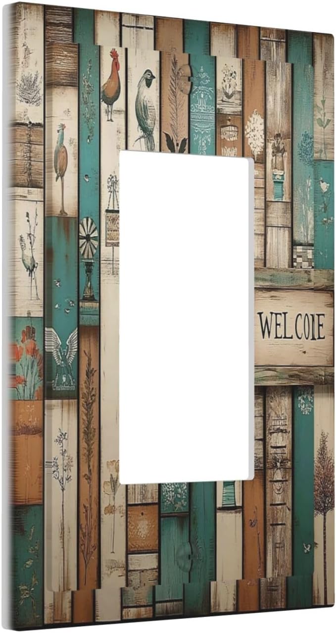 Decorative Outlet Covers Vintage Wood Brown Turquoise Splicing 1 Gang Single Rocker Light Switch
