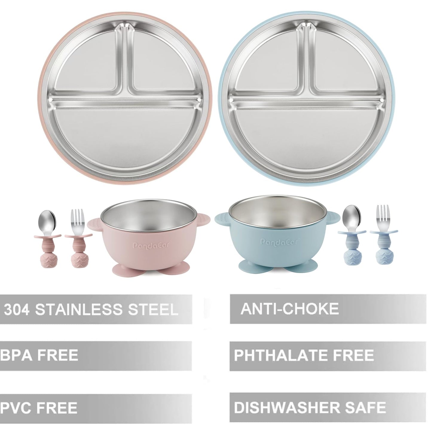 PandaEar 8PCS Baby Feeding Set | Stainless Steel Suction Plates and Bowls with Silicone Fork and