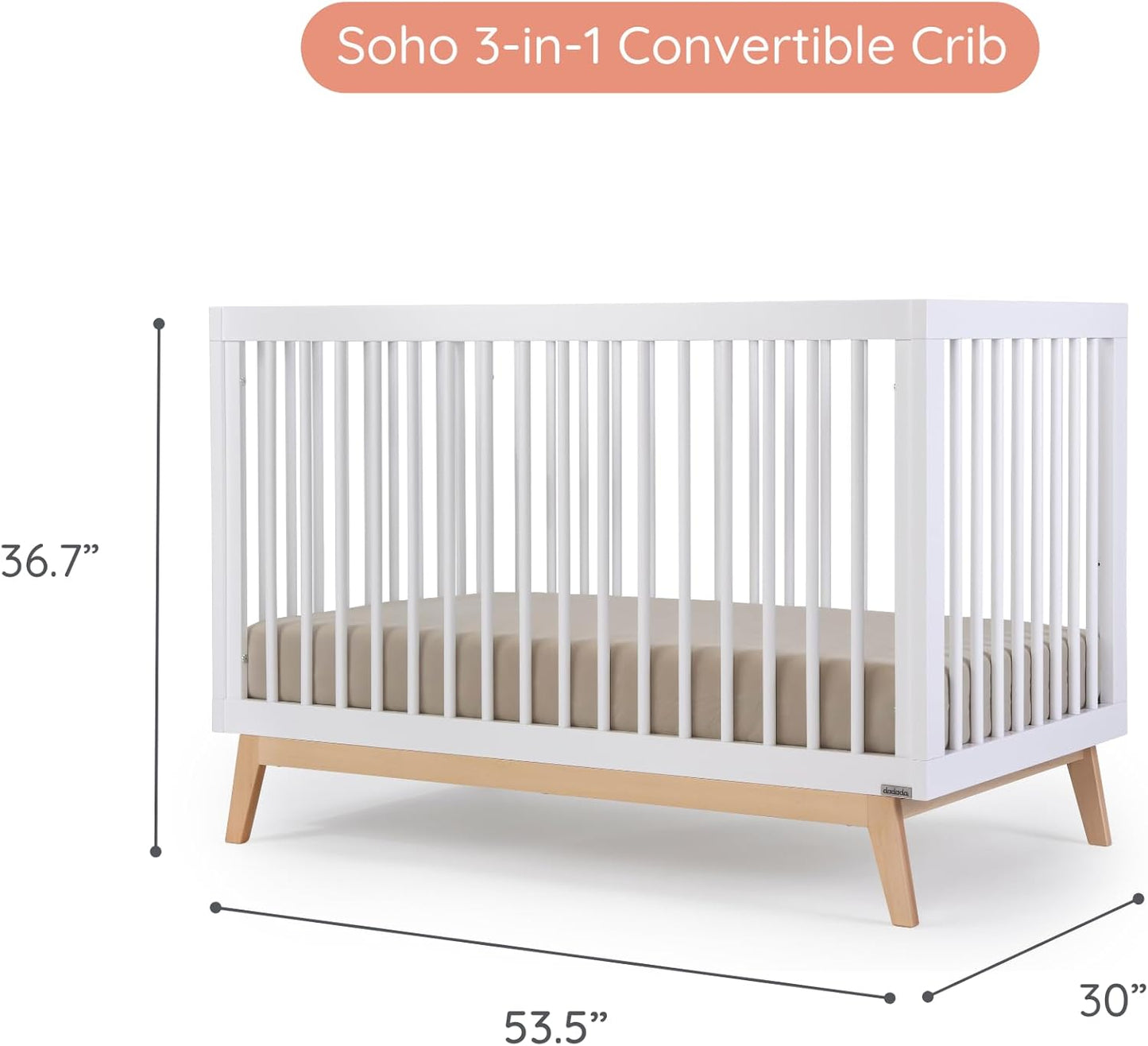 dadada Baby Soho 3-in-1 Convertible Wooden Crib to Toddler Bed - Made in Italy, GREENGUARD Gold