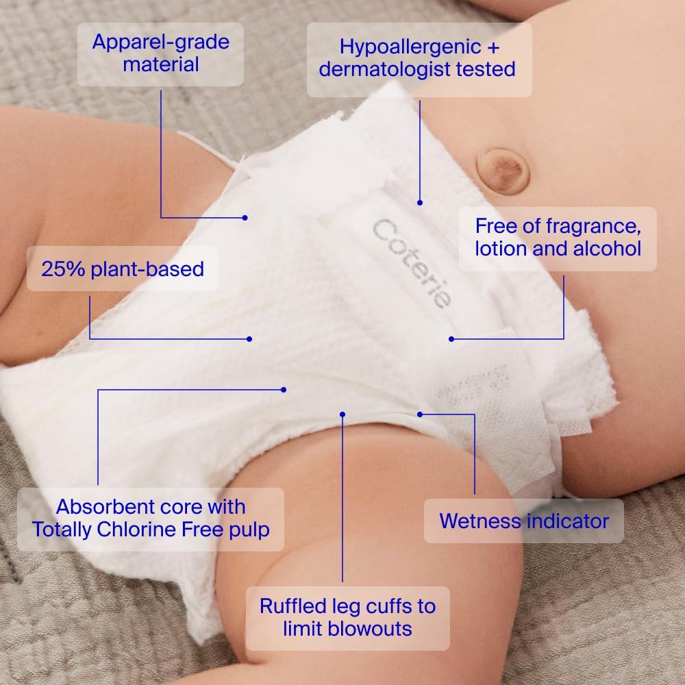 Coterie Baby Wipes + Diapers Kit, Size Newborn Diapers (186 Count) & 12 Pack (672 Count) Baby Wipes