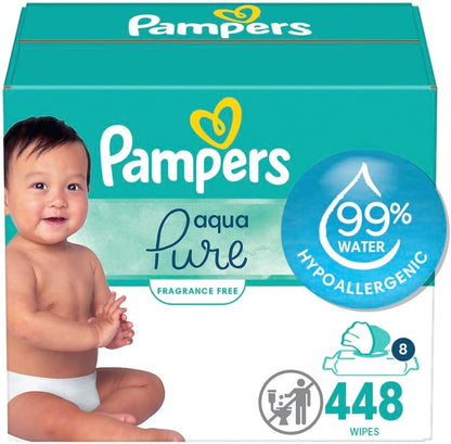Pampers Baby Wipes Aqua Pure, 99% Water Based Wipes, Hypoallergenic and Unscented Infant Wipe, 448