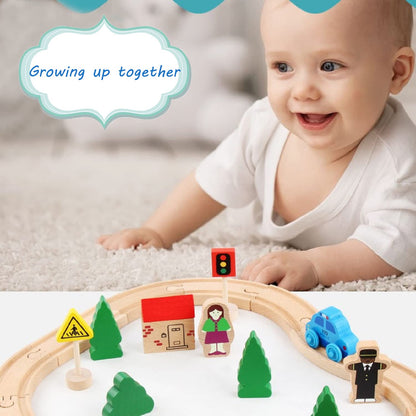 Wooden Train Tracks Toys for Toddler, 33 Pieces Magnetic Train with Wooden Tracks Fits for Thomas