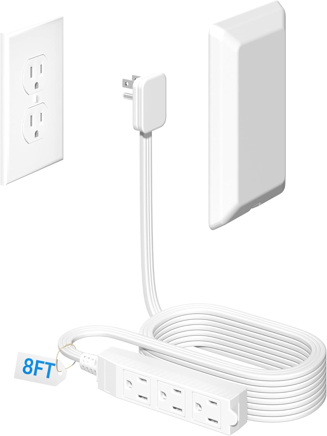 8FT Flat Plug Extension Cord with 3 Outlet Power Strip,Ultra Thin Outlet Concealer with Outlet