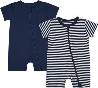 Teach Leanbh Unisex Baby 2 Pack Pajamas Cotton Short Sleeve 2 Way Zipper Stripe Soild Romper