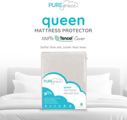 PUREgrace Tencel Mattress Protector (Queen) – Waterproof, Noiseless Cover, Soft and Breathable with