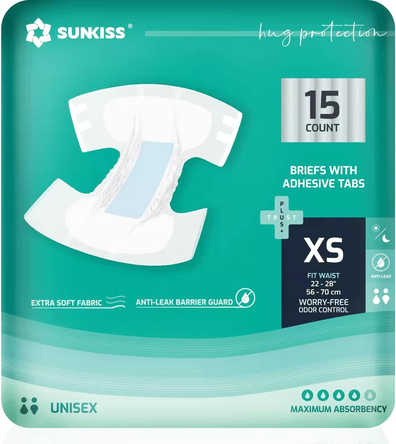 SUNKISS TrustPlus Adult Diapers with Maximum Absorbency, Unisex Disposable Incontinence Briefs with